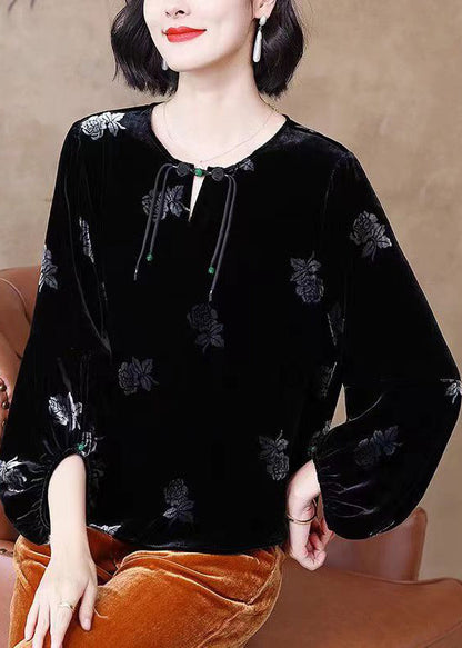 Black Tasseled Print Patchwork Velour Top Lantern Sleeve