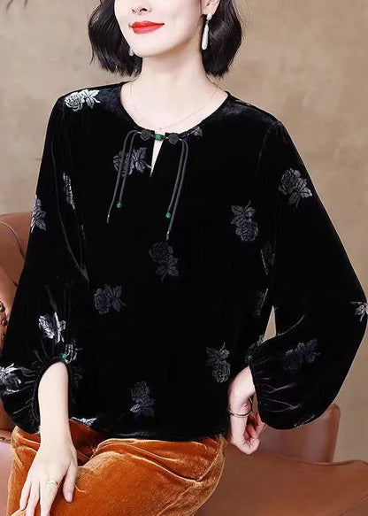 Black Tasseled Print Patchwork Velour Top Lantern Sleeve