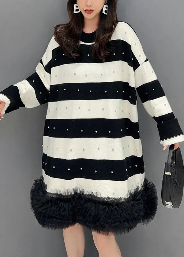 Black Striped Nail Bead Tulle Patchwork Mid Dress Fall