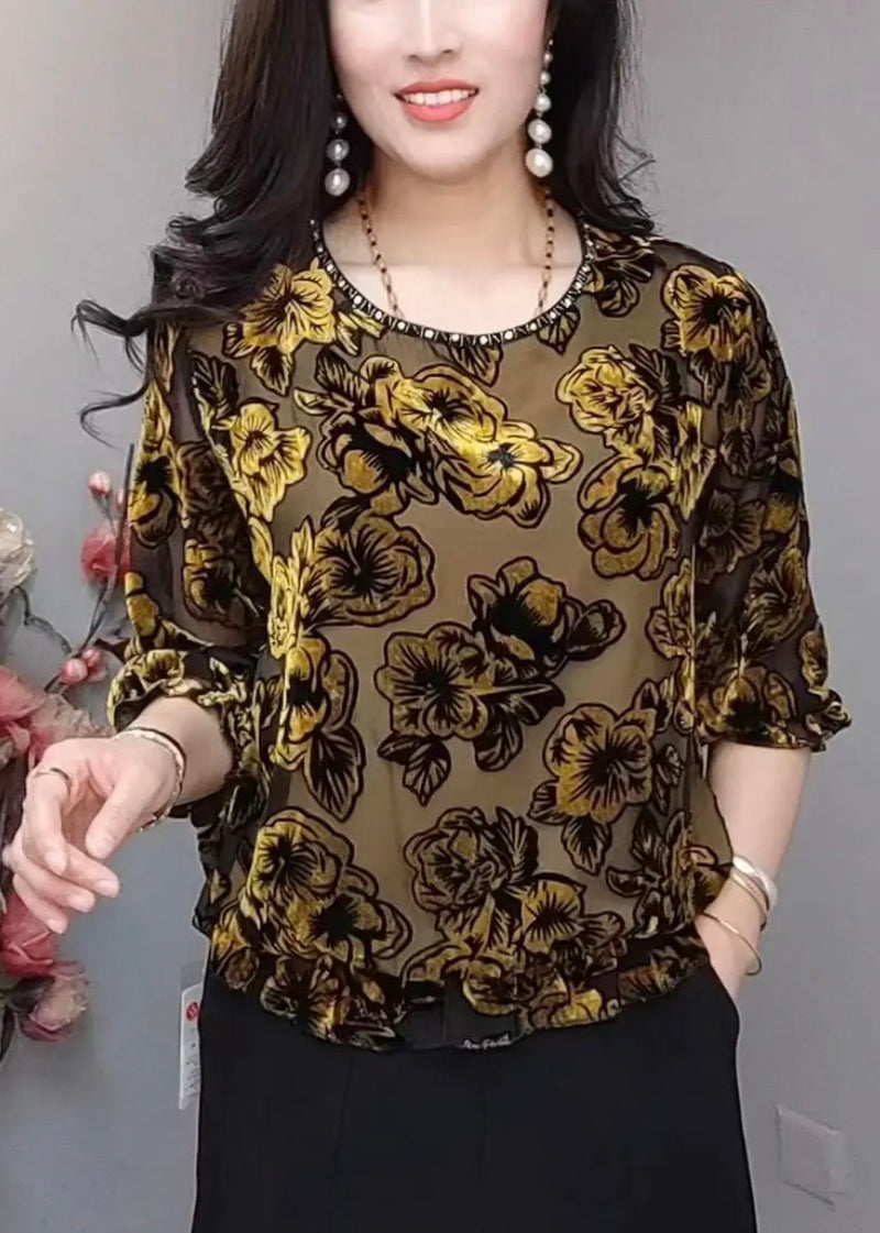 Black O Neck Loose Silk Velour T Shirts Bracelet Sleeve