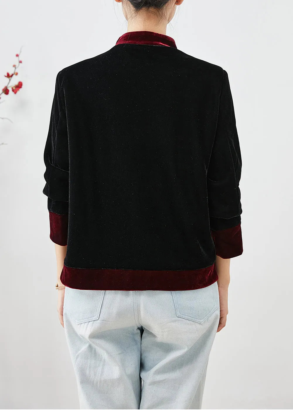 Red Patchwork Silk Velour Chinese Style Coats Mandarin Collar Fall