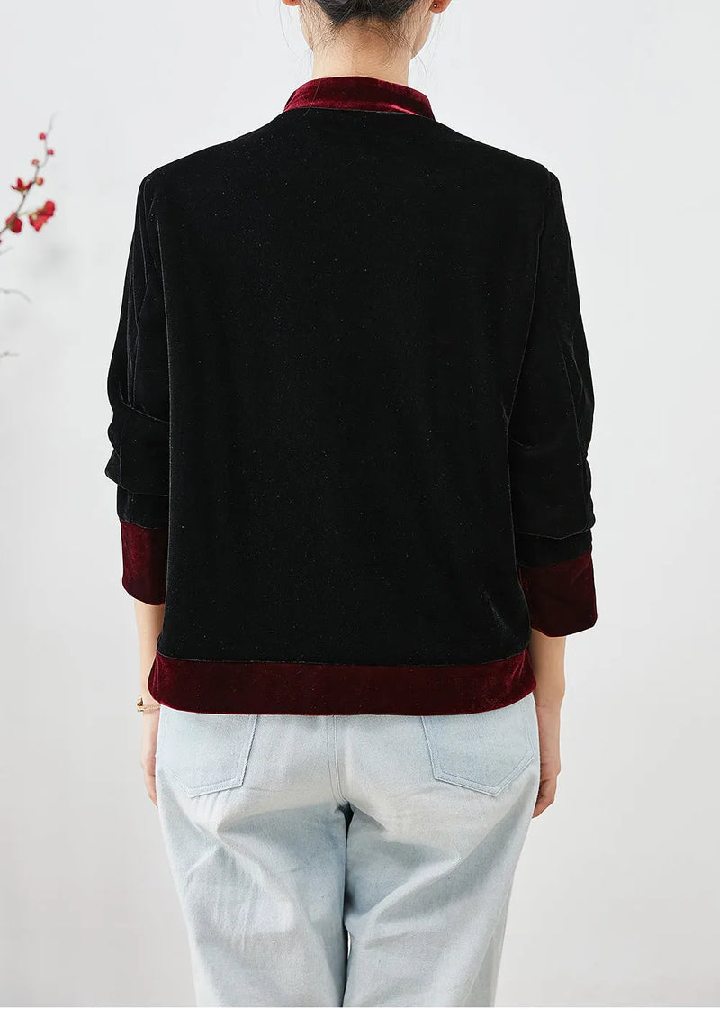 Red Patchwork Silk Velour Chinese Style Coats Mandarin Collar Fall