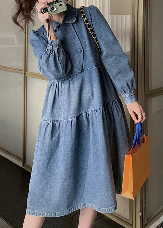 Denim Blue Wrinkled Patchwork Long Dress Spring