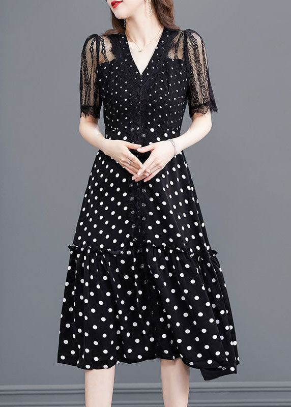 Black Dot Lace Patchwork Hollow Out Long Dresses Summer