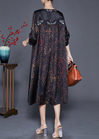 Black V Neck Patchwork Print Silk Dress Fall