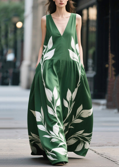 Green Oversized Print Chiffon Maxi Dress Summer