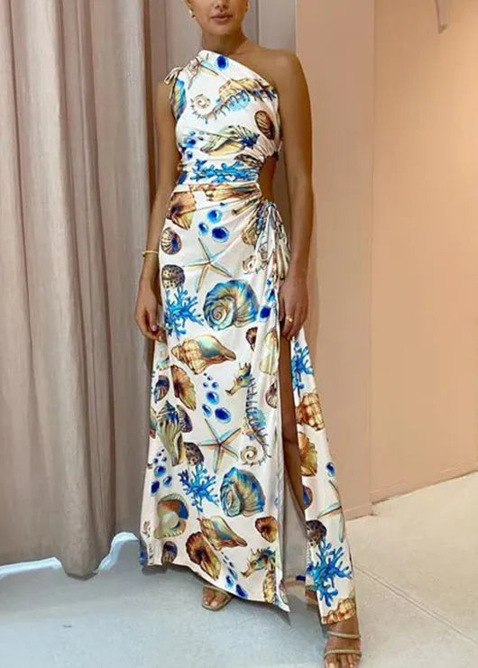 Diagonal Shoulder Drawstring Slit Long Dress Summer