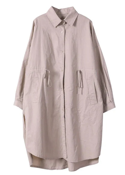 Khaki Drawstring Side Open Cotton Shirt Dress Long Sleeve