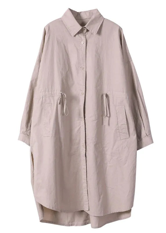 Khaki Drawstring Side Open Cotton Shirt Dress Long Sleeve