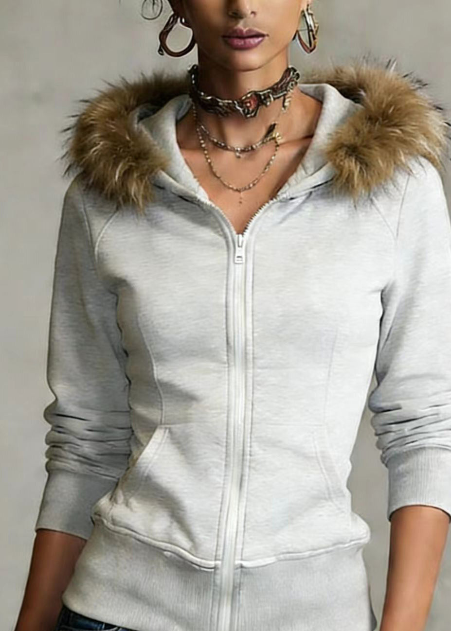 Grey Hooded Fur Collar Patchwork Cotton Coat Spring