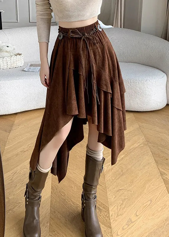 Coffee Asymmetrical Wrinkled Faux Suede Skirt Fall
