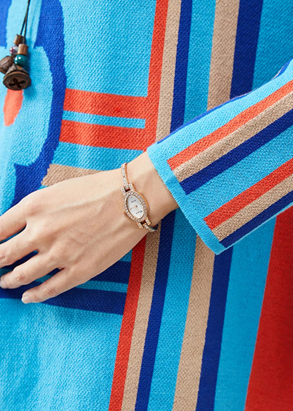 Blue Stand Collar Print Knit a Line Dress Spring