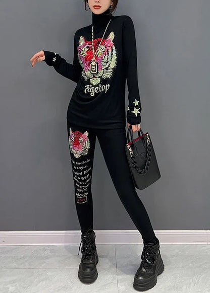 Novelty Black Turtleneck Animal Print Cotton Two Pieces Spring