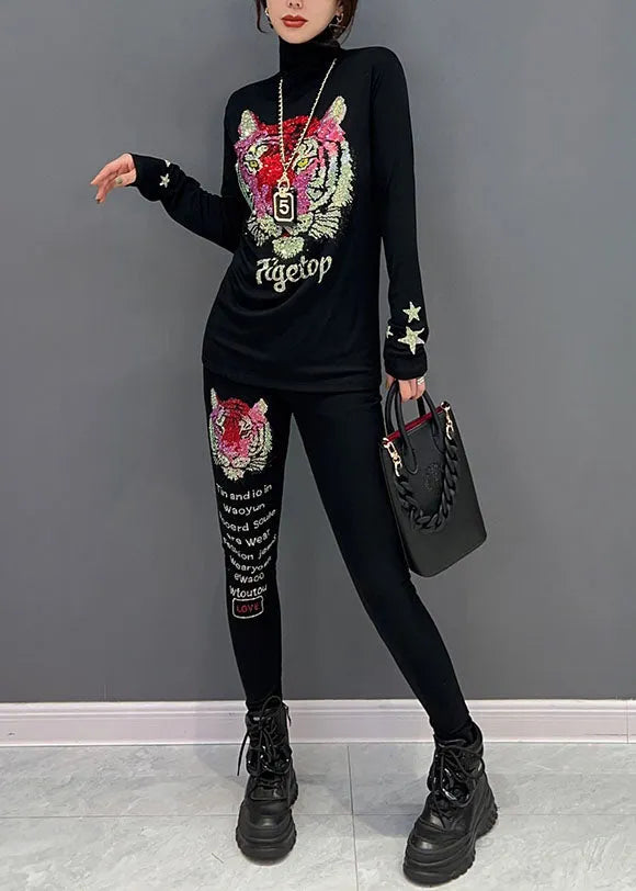 Novelty Black Turtleneck Animal Print Cotton Two Pieces Spring
