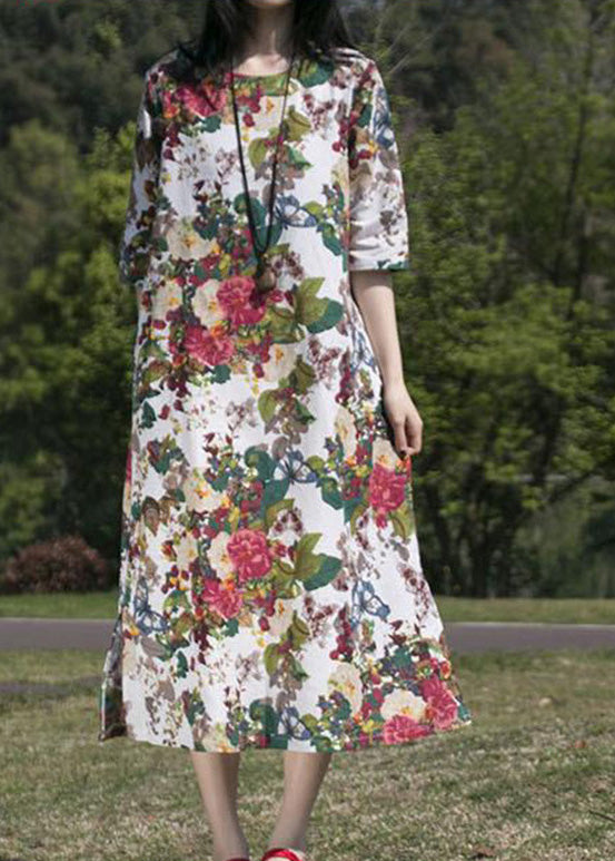 Loose Red O-neck Print Side Open Long Dress Half Sleeve