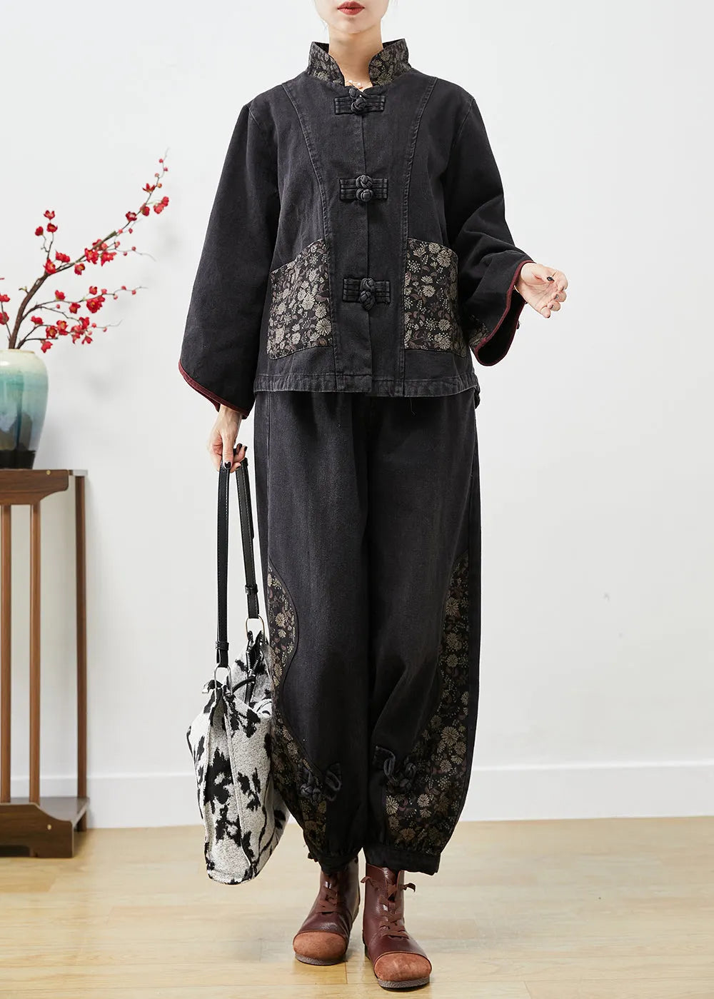 Black Stand Collar Patchwork Print Denim 2 Piece Outfit Fall