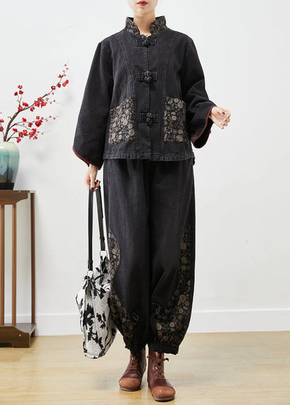 Black Stand Collar Patchwork Print Denim 2 Piece Outfit Fall