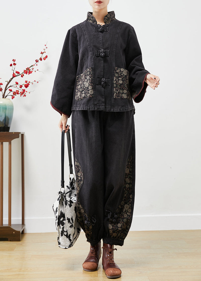 Black Stand Collar Patchwork Print Denim 2 Piece Outfit Fall