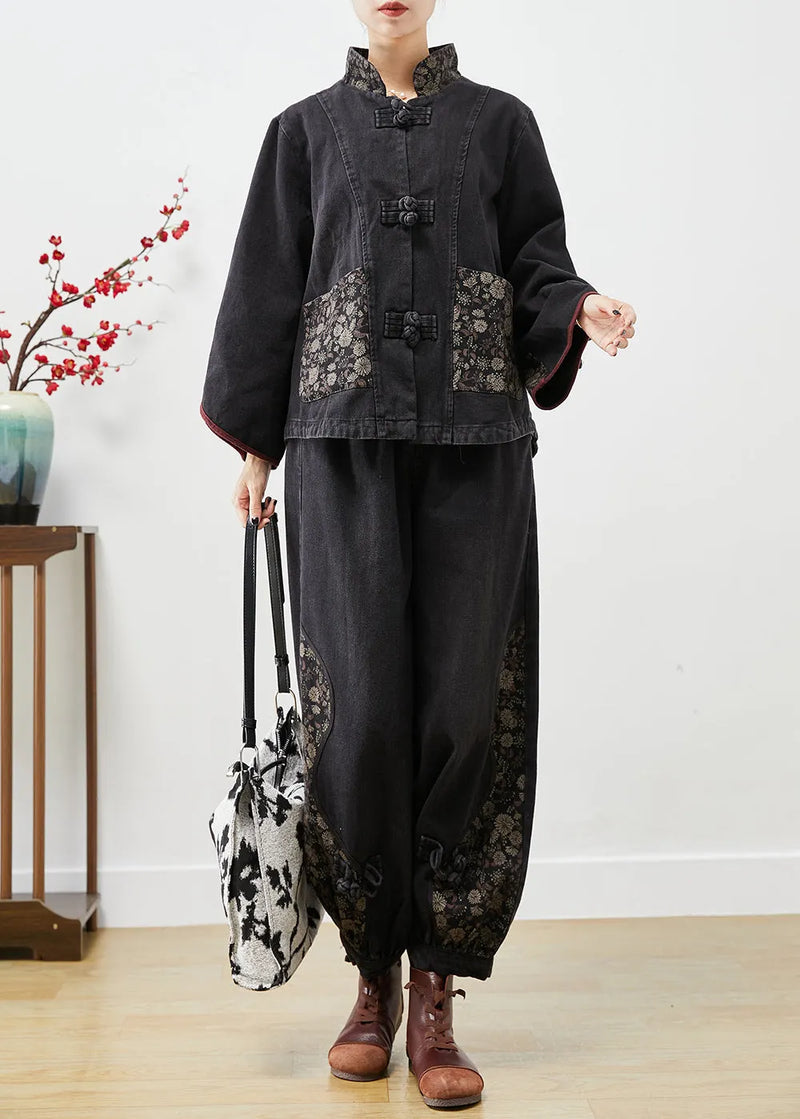 Black Stand Collar Patchwork Print Denim 2 Piece Outfit Fall