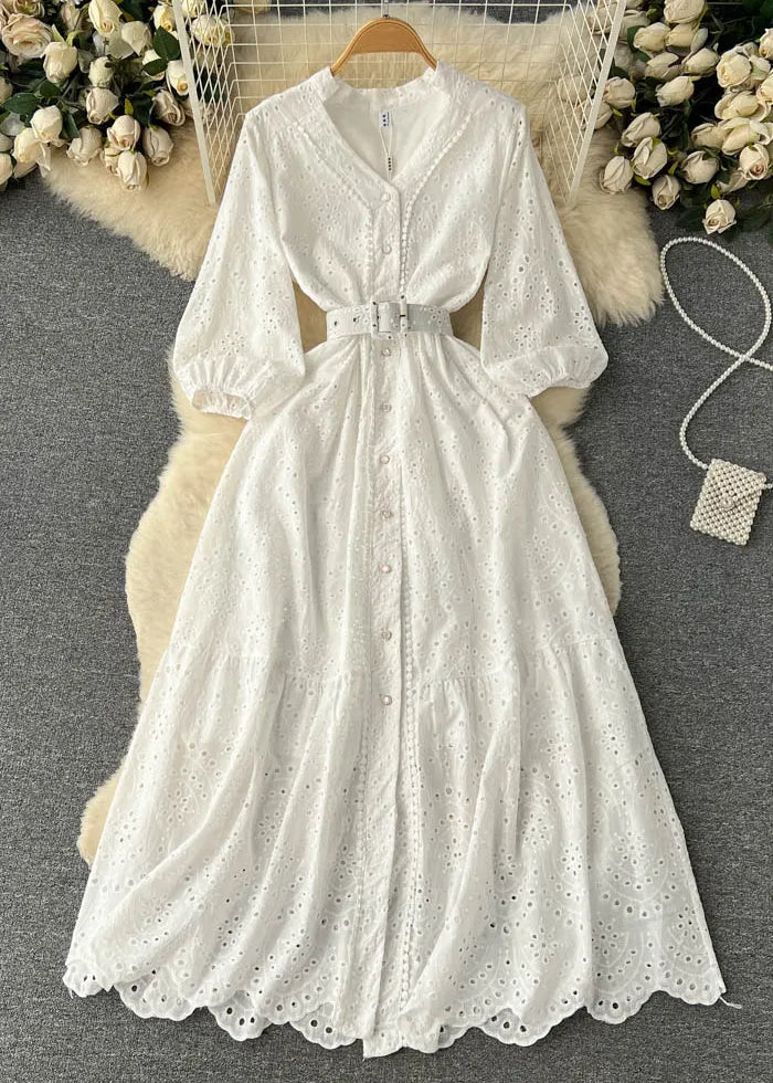 Purple Button Hollow Out Cotton Shirts Dress Long Sleeve