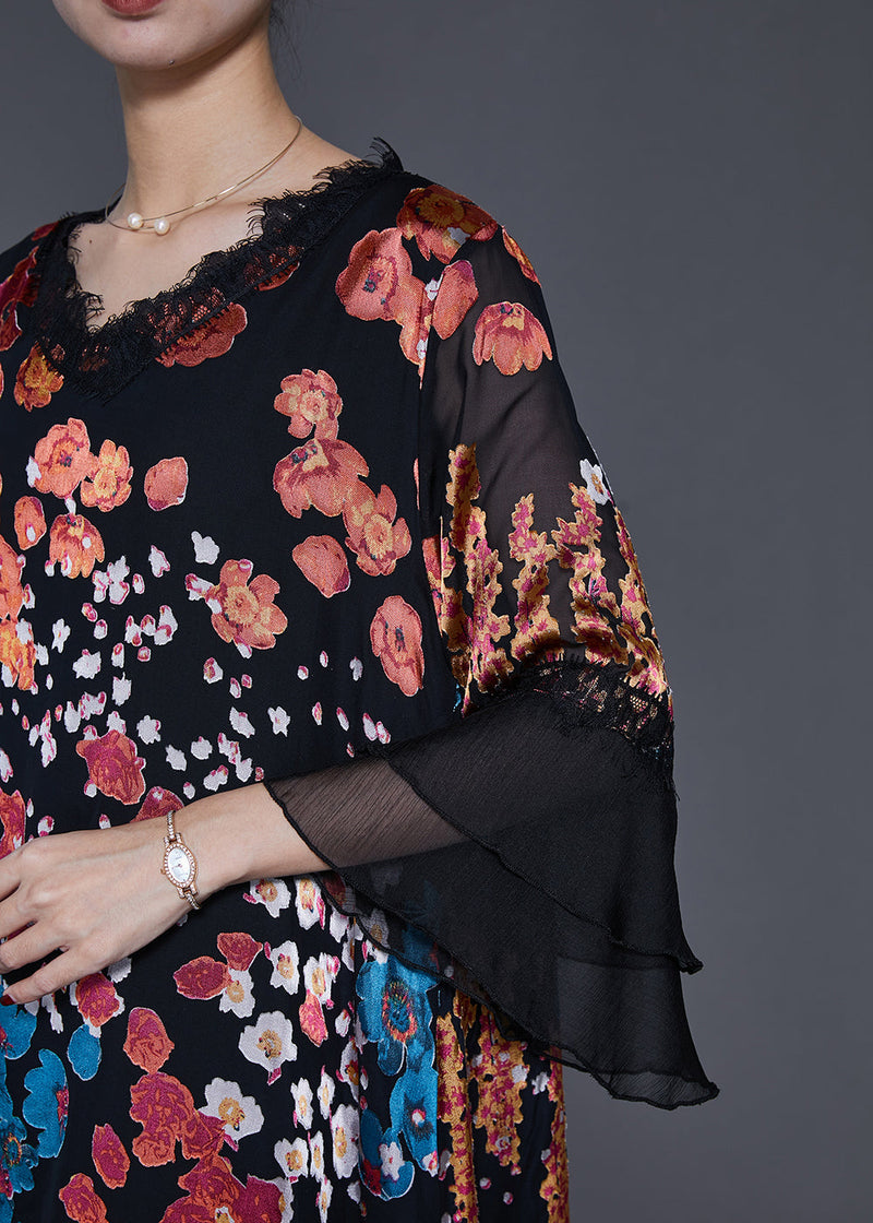Black Asymmetrical Print Silk Dresses Flare Sleeve