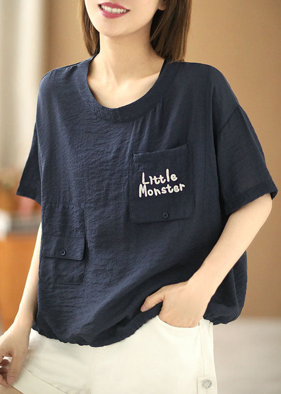 Unique Purple O-neck Drawstring Pocket Letter Print Cotton Top Short Sleeve