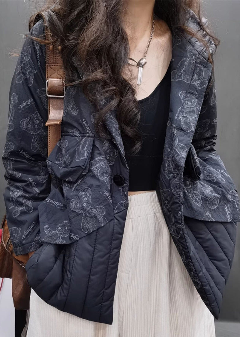 Black Patchwork Fine Cotton Filled Hooded Jacket Long Sleeve