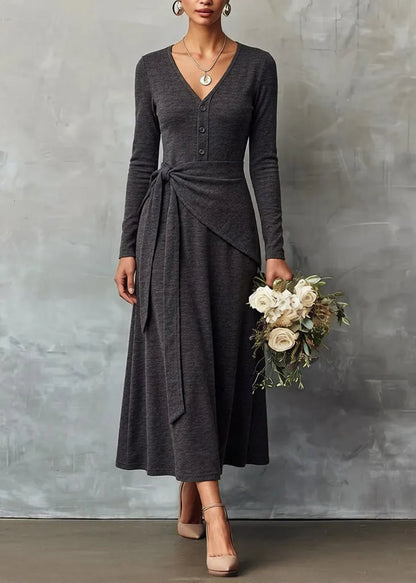 Slim Fit Grey V Neck Tie Waist False Two Pieces Knitting Cotton Dress Spring