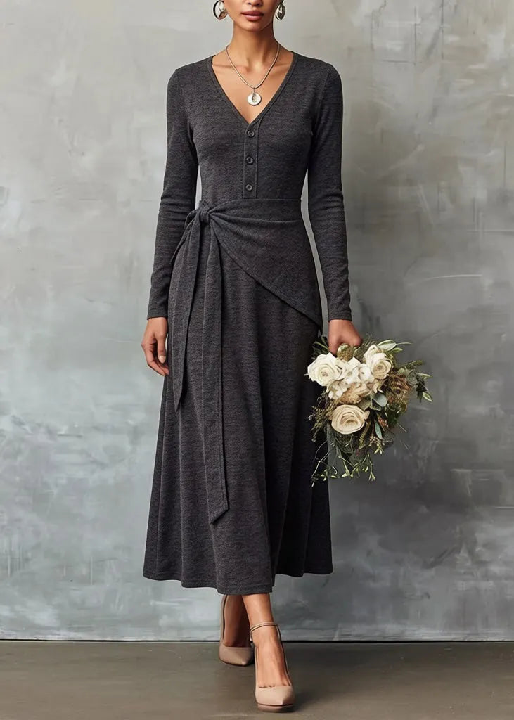 Slim Fit Grey V Neck Tie Waist False Two Pieces Knitting Cotton Dress Spring