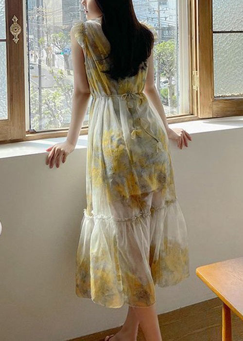 Yellow Ruffled Lace Up Chiffon Two Pieces Set Sleeveless