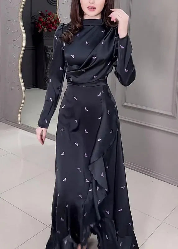 New Black Ruffled Print Silk Long Dress Fall