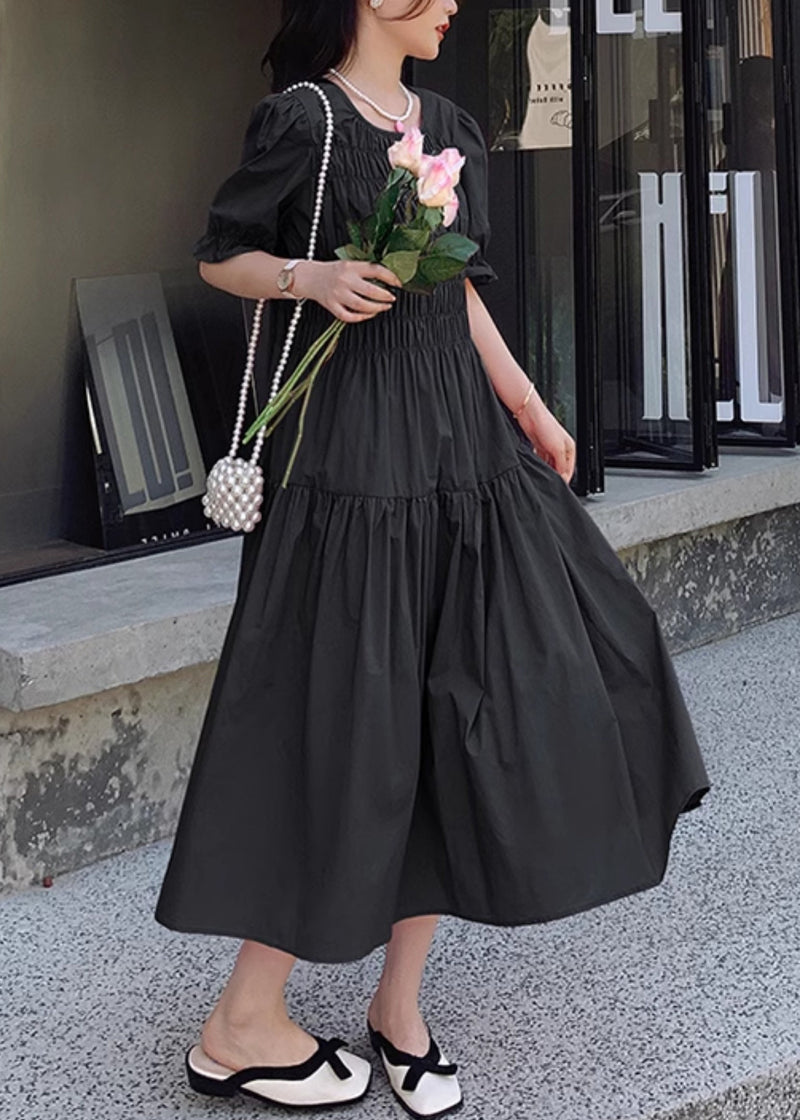 Pink O Neck Puff Sleeve Wrinkled Patchwork Cotton Long Dress