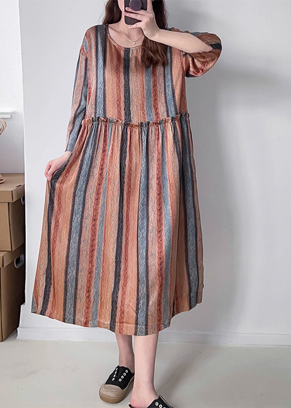 Orange Ruffled Striped Silk Holiday Dress Fall