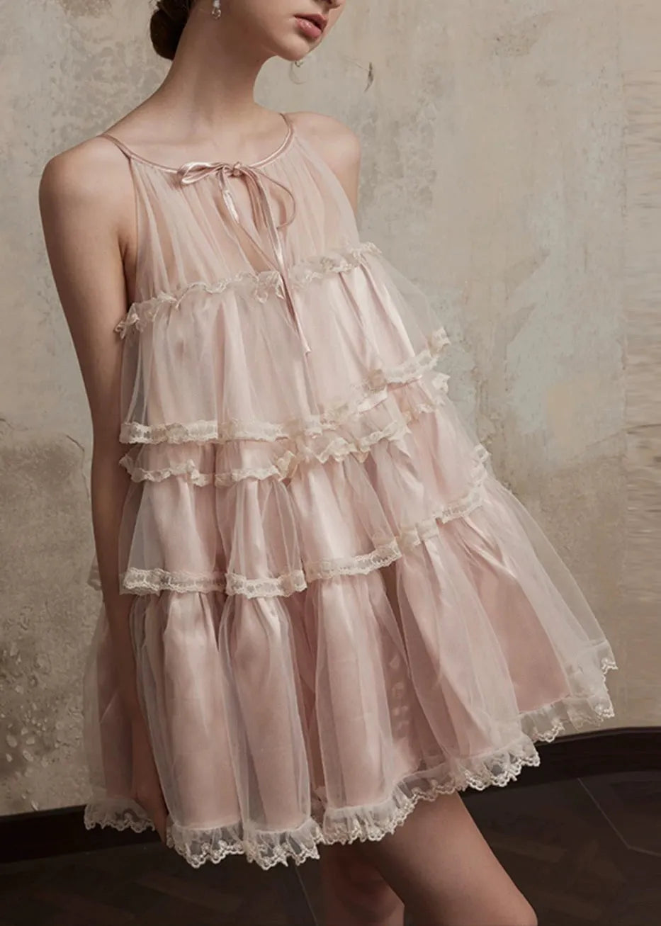 Style Pink O-neck Ruffled Lace Patchwork Tulle Mid Dress Summer
