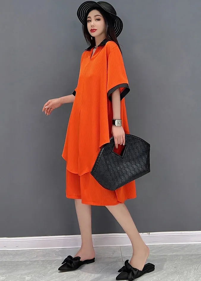 Red Draping Chiffon Long Shirt and Shorts Sets 2 Pieces Peter Pan Collar Side Open Summer