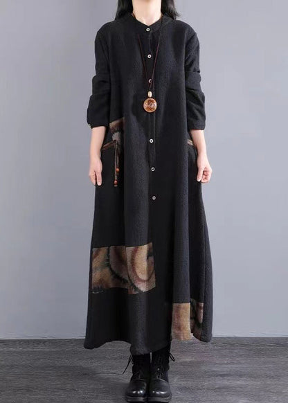 Navy Stand Collar Patchwork Cotton Long Dress Fall