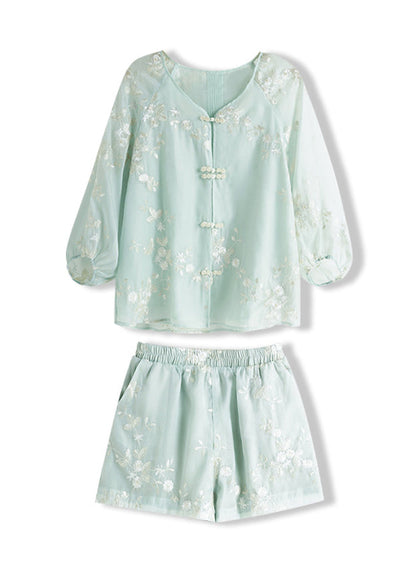 Chinese Style Mint Green Embroidered Tops and Shorts 2 Piece Outfit Summer