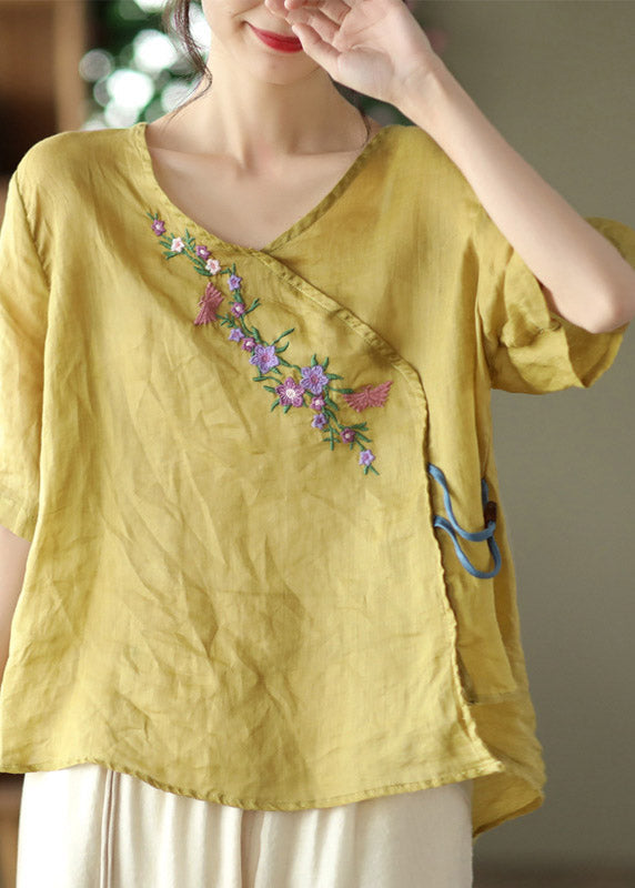 Unique Yellow V Neck Embroideried Linen T Shirt Half Sleeve
