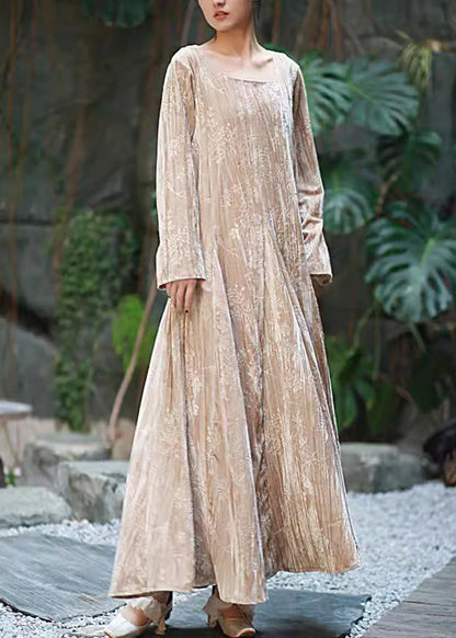 Boutique Apricot U Neck Print Exra Large Hem Velour Long Dress Fall