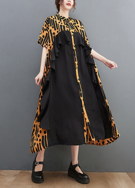 Novelty Yellow Stand Collar Ruffles Print Chiffon Patchwork Shirt Dress Short Sleeve