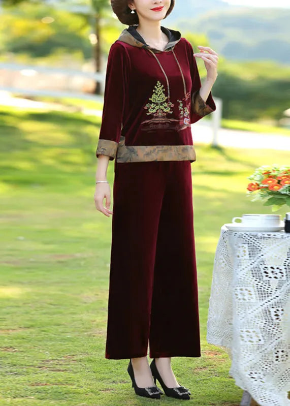 Wine Red Drawstring Silk Velour Pullover and Wide Leg Pants Two Pieces Set Long Sleeve