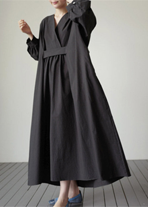 Black V Neck Pockets Cotton Dresses Long Sleeve
