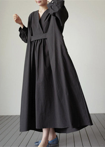 Black V Neck Pockets Cotton Dresses Long Sleeve