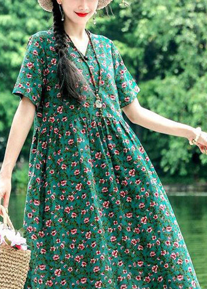 Style Blackish Green O-neck Print Wrinkled Linen Dress Short Sleeve