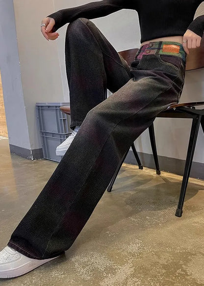 Style Blue High Waist Patchwork Denim Straight Pants Spring