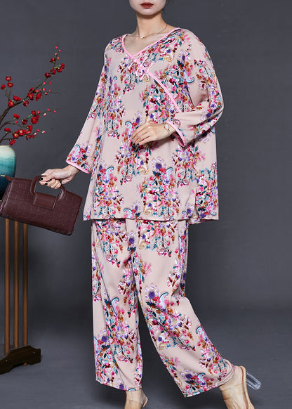 Khaki Print Cotton Two-piece Set Chinese Button Summer
