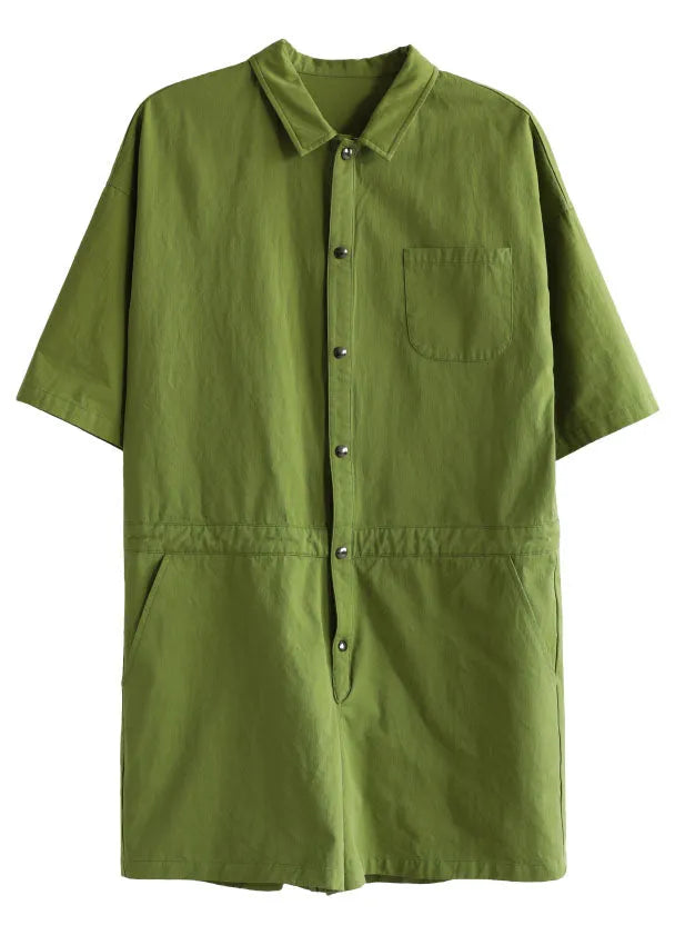 French Green Button Peter Pan Collar Pocket Cotton Jumpsuit Half Sleeve