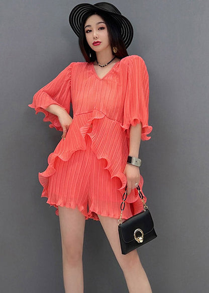 Orange V Neck Silk Top and Shorts Two Pieces Set Summer