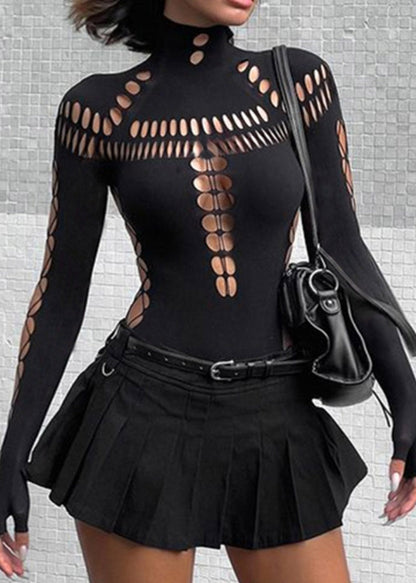 Original Design Black Turtleneck Hollow Out Tulle Bodysuit