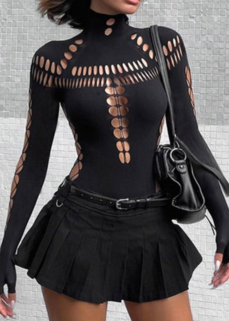 Original Design Black Turtleneck Hollow Out Tulle Bodysuit
